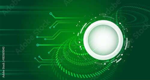 A futuristic green tech background featuring a glowing circular core, circuit lines, and digital elements, creating a dynamic high-tech and innovation-inspired design.