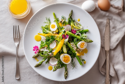 Enjoy a vibrant spring salad with asparagus, radishes, and soft boiled eggs for a light and healthy meal perfect for brunch or a lunch gathering