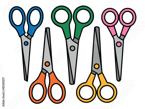 A collection of five colorful scissors with different handle colors arranged in a scattered pattern on a white background.