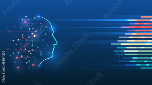 Abstract AI-themed illustration featuring a glowing human head outline with colorful data particles flowing toward a vibrant digital waveform on a dark blue background.
