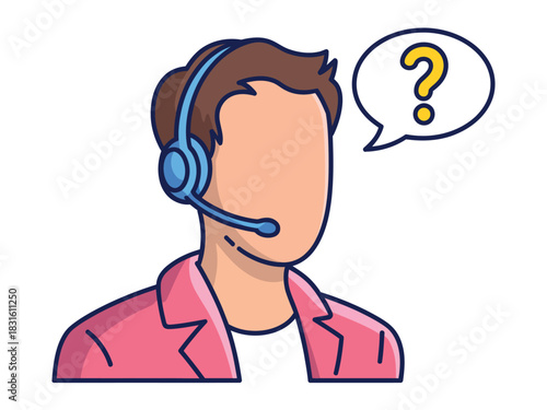 A person wearing a headset with a microphone has a question mark in a speech bubble above their head, representing customer service or technical support.