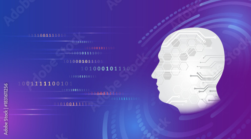 Futuristic AI concept featuring a human head silhouette with hexagonal and circuit patterns on a purple-blue background with flowing binary code.