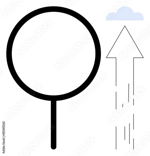 Magnifying glass symbol with ascending arrow toward a cloud represents focus, growth, exploration, innovation, success. Ideal for analytics, strategy, growth, discovery business education flat