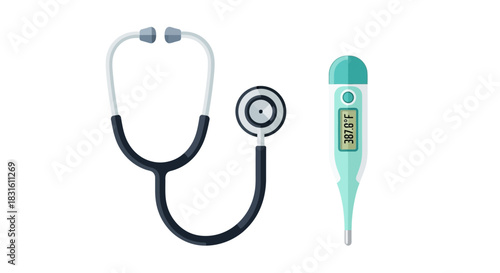 Stethoscope and digital thermometer displaying 3878F rendered with a cartoonlike style