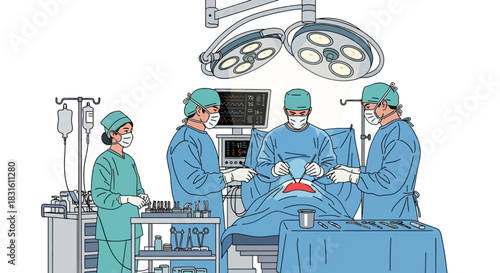 Surgery team at work surgeons assistant patient on table surgical lights monitors  instruments fill operating room