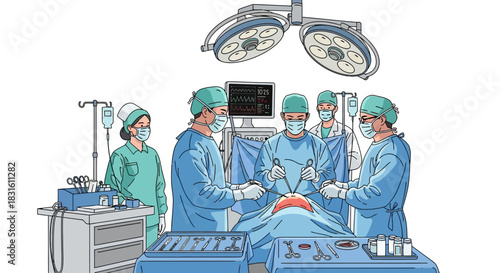 Surgery scene with five medical personnel around a patient under surgical lights