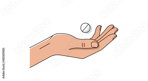 A hand holds a pill with a black outline on a white backdrop