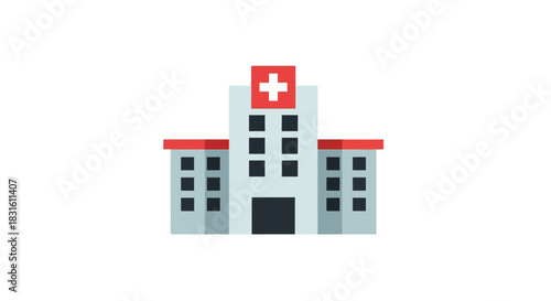 A flatstyle hospital icon featuring a gray building with red accents and a medical cross
