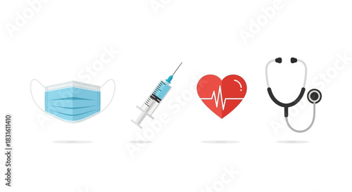 A light blue face mask syringe red heart with a heartbeat line and a stethoscope are aligned horizontally