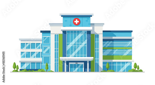 A hospital building features blue glass windows a central entrance and a red cross symbol on top