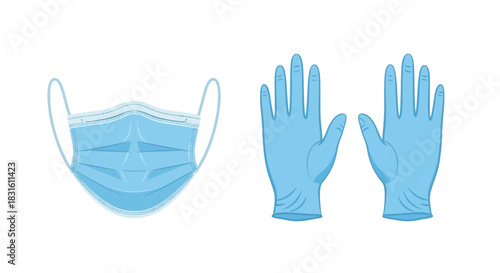 A lightblue surgical mask and two lightblue rubber gloves on a white background