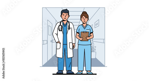 A male doctor and a female nurse stand in a hospital hallway