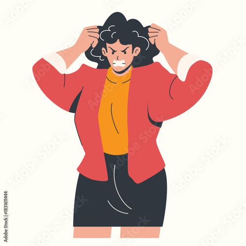 Mad People Feeling Anger a woman holding her head in intense anger as emotions become difficult to control illustration