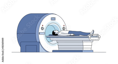 A man lies in an MRI machine for a scan The equipment is blue and white
