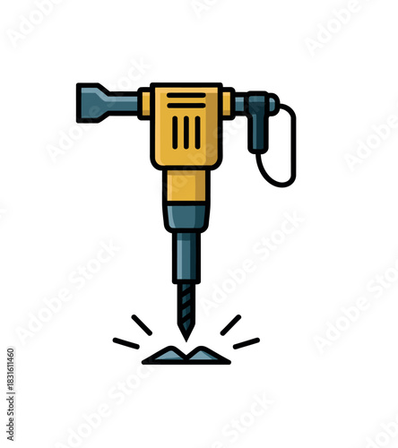 A yellow and blue jackhammer is breaking up concrete with sparks flying.