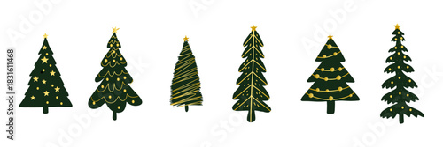 Christmas tree silhouette clipart set. Black Christmas tree drawing clip art collection in white background for xmas season pine tree flat icon decoration vector illustration.