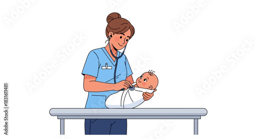 A nurse checks a baby with a stethoscope on a lightgray table