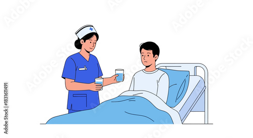 A nurse holds glasses of water to a patient lying in a hospital bed