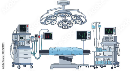 A surgical room featuring an operating table medical equipment and a surgical light