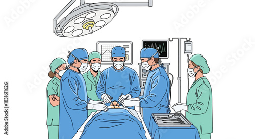 A surgical team performs an operation under bright lights and medical monitors