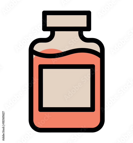 A simple illustration of a bottle containing a pink liquid, with a blank label for customization.