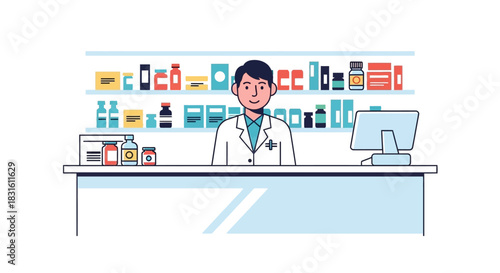 An illustration depicts a pharmacist standing behind a counter in front of shelves stocked with medications