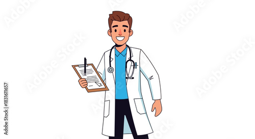 Cartoon doctor holds a clipboard wearing a white coat stethoscope and smiling