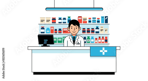 Cartoon pharmacist stands behind pharmacy counter with shelves of medicine behind