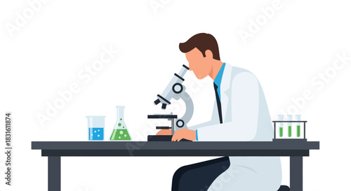 Lab scene scientist at microscope with glassware on table