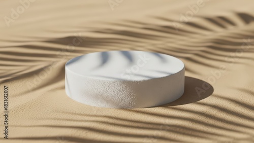 Minimalist white podium on sandy background with palm shadows