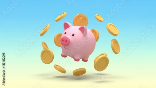 Cute pink piggy bank surrounded by floating gold coins