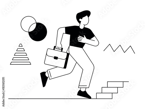 A determined person with a briefcase is running up a set of stairs with abstract shapes in the background.