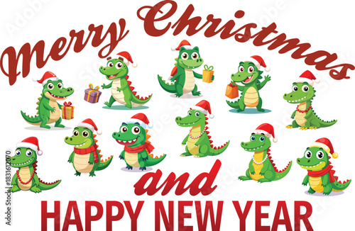 Merry Christmas and Happy New Year with cute cartoon alligators wearing Santa hats and festive scarfs presenting gifts