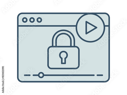 A computer screen displays a video player interface with a locked padlock symbol, indicating secure content.