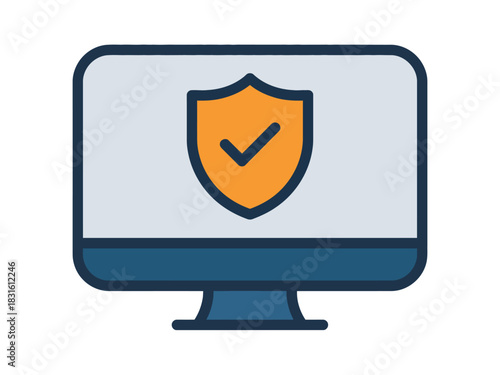 A computer monitor displays an orange shield icon with a checkmark, symbolizing digital security and protection.