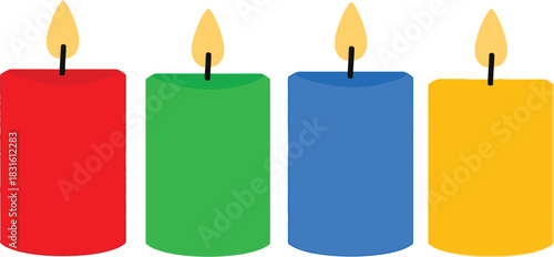 Four brightly colored candles stand in a row all with lit wicks