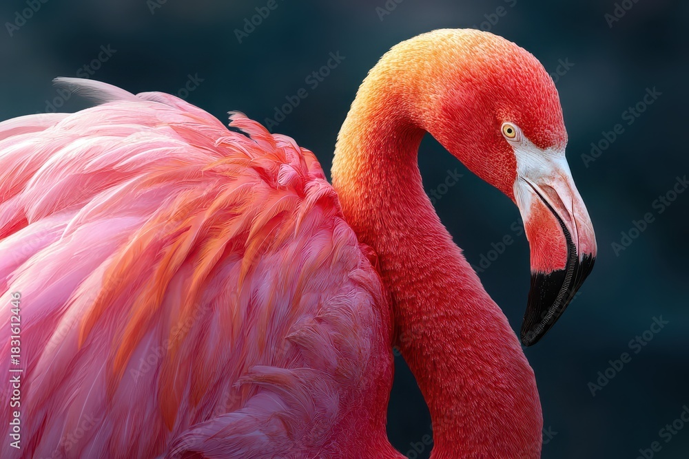 Fototapeta premium Flamingo curving its head and neck into a graceful figure in vibrant pink plumage against a blurred dark background