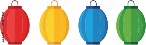 A row of brightly colored hanging paper lanterns in red yellow blue and green