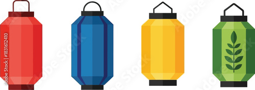 Four colorful hanging lanterns presented in a simple geometric vector style