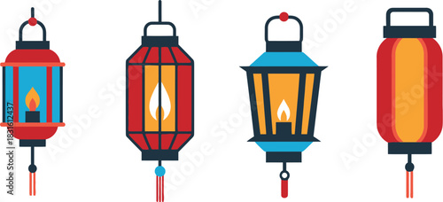 A colorful illustration of four hanging lanterns with distinct shapes and designs