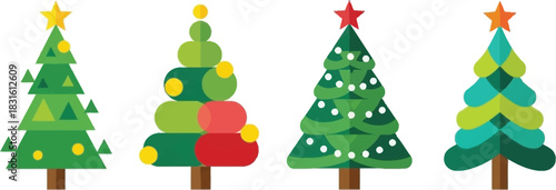 A colorful arrangement of four stylized christmas trees with stars