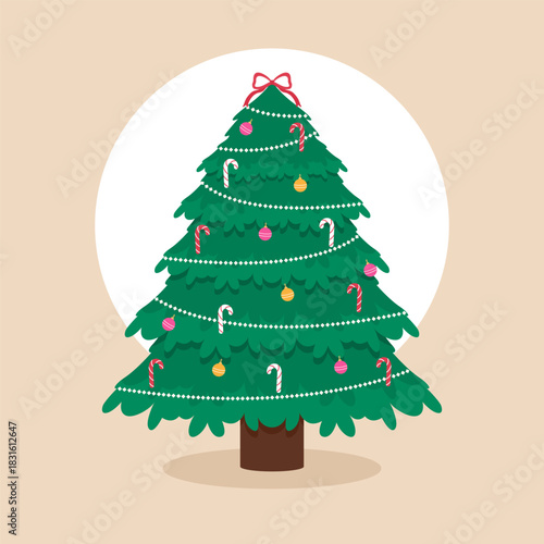 Christmas Tree Decoration With Ball, Candy, Lamp and Bow.