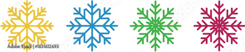 Colorful snowflakes in a row displaying yellow blue green and pink hues