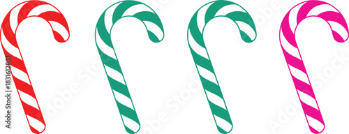Colorful candy canes in red blue green and pink are displayed