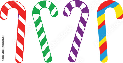 Colorful candy canes arranged in a row showcasing festive holiday patterns
