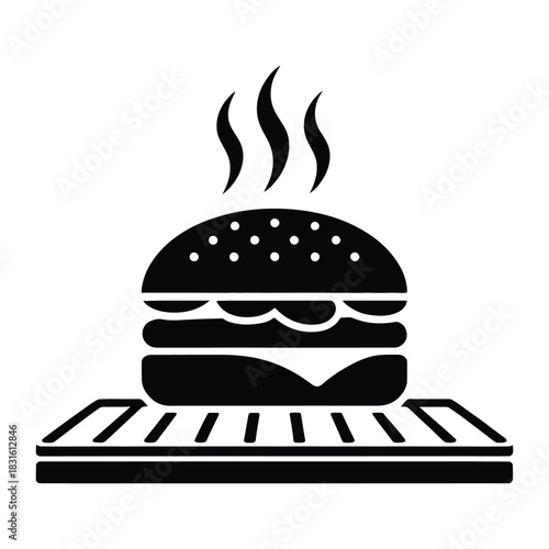 Burger on a grill with steam rising Vector, Silhouette, Illustration