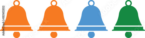 A row of four colorful bell icons in red yellow blue and green