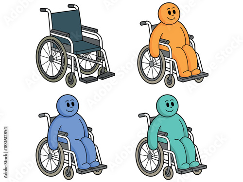Four cartoon figures, each in a wheelchair, representing different individuals with mobility challenges.
