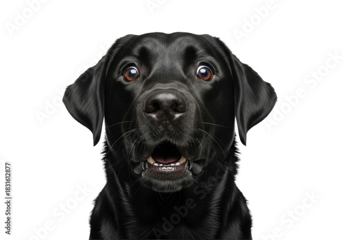Ultra close-up headshot of a majestic black labrador retriever, wide eyes and agape mouth in anthropomorphic shock, high-key studio white background, copy space. Humorous surprise concept