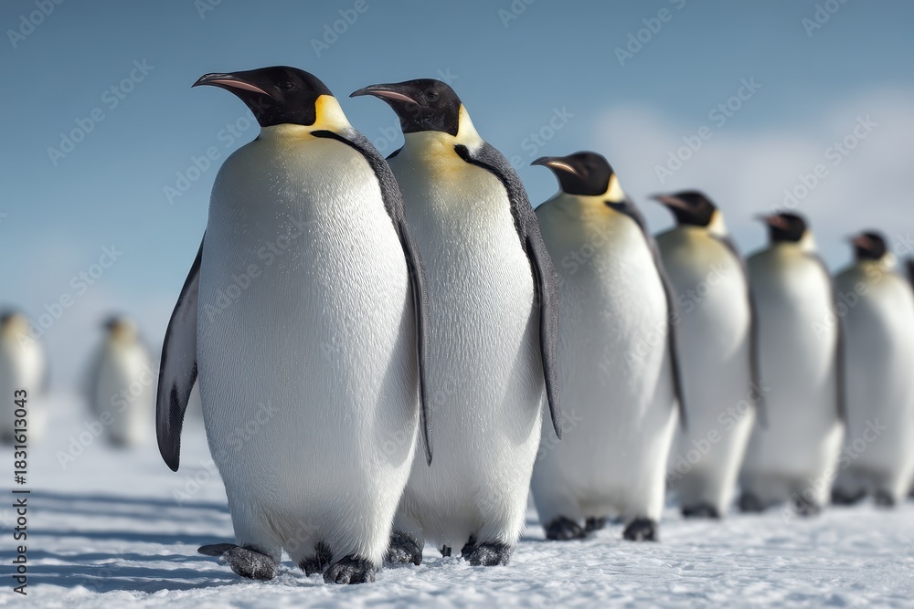 Obraz premium Emperor penguins march across the icy landscape in a stunning display of unity and grace under the bright sky, showcasing their magnificent plumage and adaptability to the harsh Antarctic environment